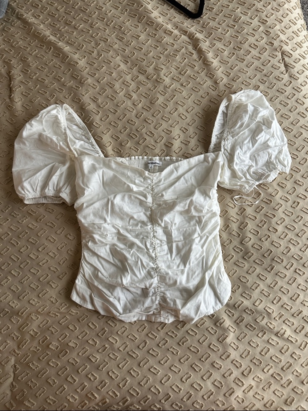 Reformation White Puff-Sleeve Ruched Square Neck Top